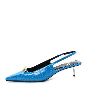 GUCCI Calfskin Crocodile Print Square Slingback Pumps 37.5 Bright Sapphire