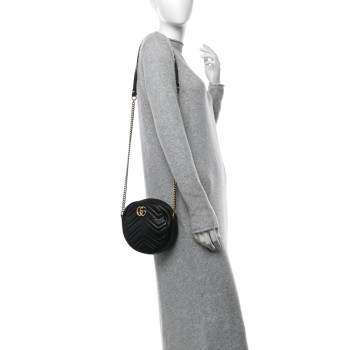 GUCCI Azalea Calfskin Matelasse Heart Mini GG Marmont Round Shoulder Bag Black