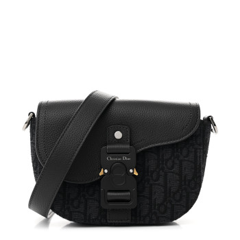 CHRISTIAN DIOR Oblique Jacquard Grained Calfskin Mini Saddle Messenger Bag With Flap Black