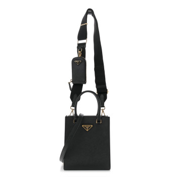 PRADA Saffiano Lux Triangle Small Double Handle Crossbody Tote Black