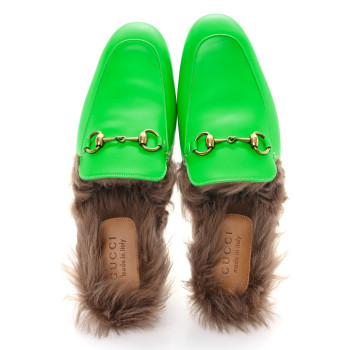 GUCCI Calfskin Fur Mens Princetown Slippers 9 Fluorescent Green