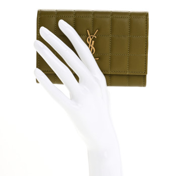 SAINT LAURENT Lambskin Carre Quilted Cassandre Small Envelope Wallet Olive Drab