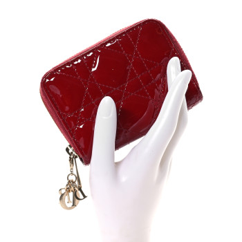 CHRISTIAN DIOR Patent Cannage Small Lady Dior Voyageur Coin Purse Cherry Red