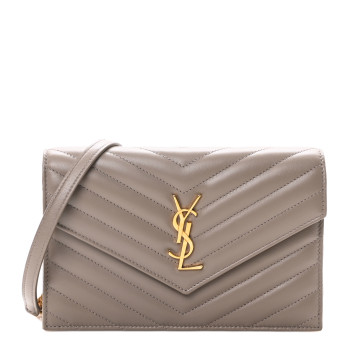 SAINT LAURENT Lambskin Matelasse Chevron Monogram Envelope Chain Wallet Dusty Grey