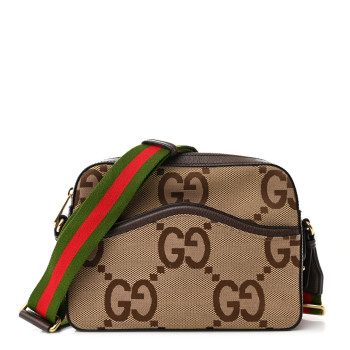 GUCCI Monogram Jumbo GG Textured Dollar Calfskin Web Messenger Shoulder Bag Camel Ebony New Acero