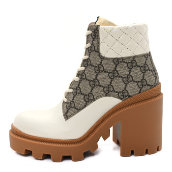 GUCCI Apollo Calfskin GG Supreme Nappa Samoa Quilted Lace Up Ankle Boots 35.5 White