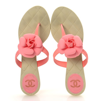 CHANEL Jelly Quilted Camellia Thong Sandal 39 Pink Beige