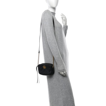 GUCCI Calfskin Matelasse Mini GG Marmont Chain Shoulder Bag Black
