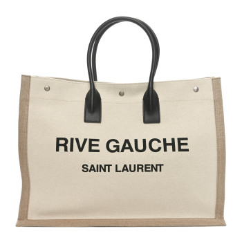 SAINT LAURENT Linen Calfskin Rive Gauche Tote Greggio Natural