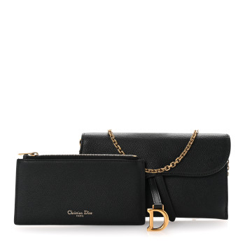 CHRISTIAN DIOR Grained Calfskin Saddle Chain Wallet Pouch Black