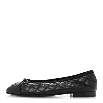 CHANEL Aged Calfskin Quilted CC Cap Toe Ballerina Flats 37.5 Black
