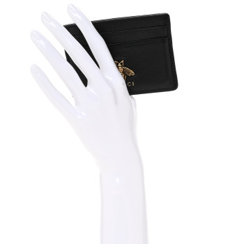 GUCCI Pebbled Calfskin Animalier Card Holder Black