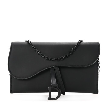 CHRISTIAN DIOR Ultra Matte Calfskin Saddle Chain Wallet Pouch Black