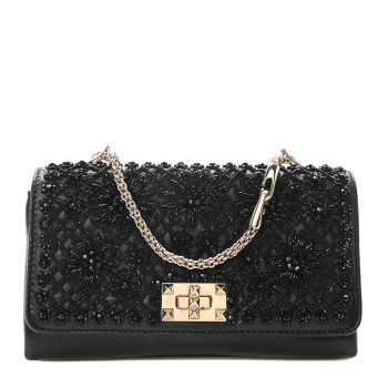 VALENTINO GARAVANI Lambskin Beaded Embroidery Medium Girello Flap Black