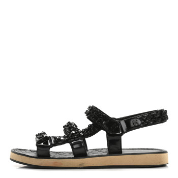 CHANEL Laminated Goatskin Chain Sandals 38.5 Black