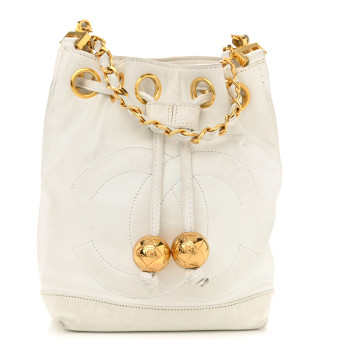CHANEL Lambskin CC Drawstring Bucket Bag White
