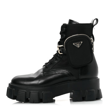 PRADA Spazzolato Rois Nylon Metal Triangle Logo Monolith Pouch Pocket 55mm Boots 38 Black