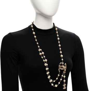 CHANEL Pearl Crystal Enamel Camellia CC Long Necklace Light Gold