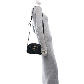 GUCCI Calfskin Matelasse Small GG Marmont Chain Shoulder Bag Black