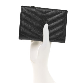 SAINT LAURENT Grain De Poudre Matelasse Chevron Monogram Monochrome Zipped Two-Part Wallet Black