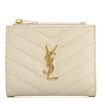 SAINT LAURENT Grain De Poudre Matelasse Chevron Monogram Zipped Card Case Crema Soft