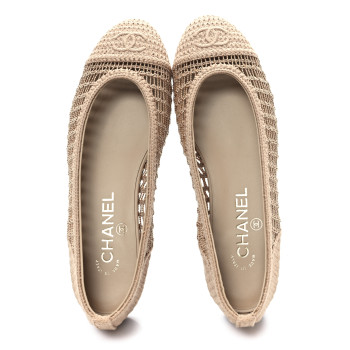 CHANEL Raffia Cap Toe Ballerina Flats 37.5 Beige