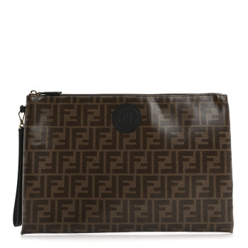 FENDI Glazed Fabric Vitello Century FF 1974 Stamp Patch Large Flat Pouch Mogano Panna Black