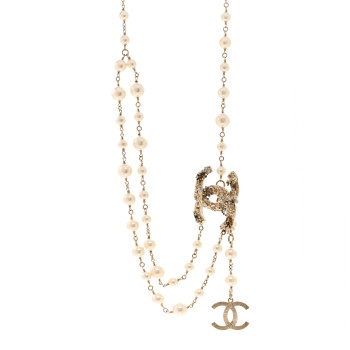 CHANEL Pearl Crystal Enamel Camellia CC Long Necklace Light Gold