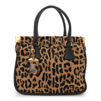 PRADA Calf Hair Leopard Print Tote Sabbia Moro
