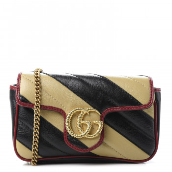 GUCCI Vintage Effect Calfskin Matelasse Diagonal Striped Super Mini Torchon GG Marmont Shoulder Bag Black Beige