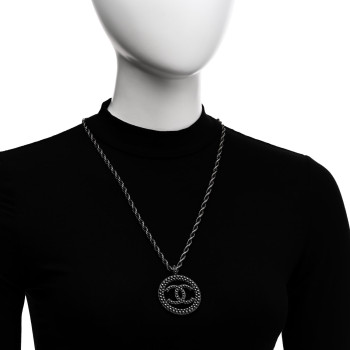 CHANEL Ruthenium Pearl CC Round Pendant Necklace