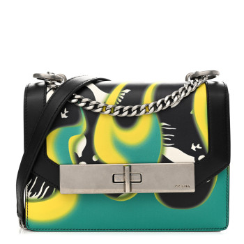 PRADA City Calfskin Severine Mermaid Print Flap Black Mango