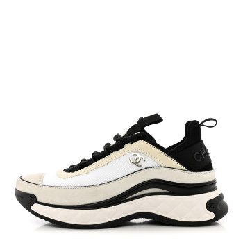CHANEL Fabric Suede Calfskin CC Sneakers 37 White Light Grey