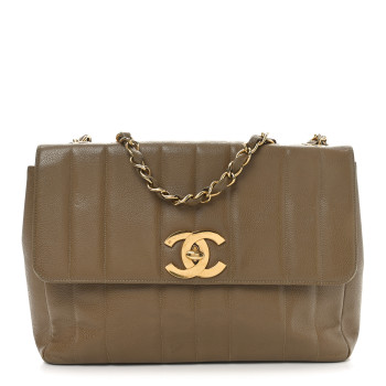 CHANEL Caviar Vertical Quilted Jumbo Flap Beige