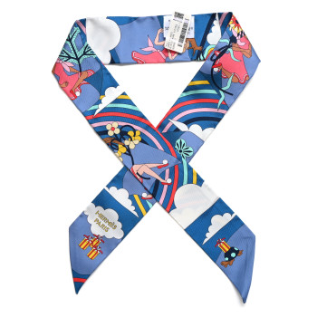 HERMES Silk Carres Volants Twilly Bleu Jaune Vif Multicolor