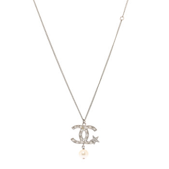 CHANEL Crystal CC Star Pearl Drop Necklace Silver CHANEL Crystal CC Star Pearl Drop Necklace Silver