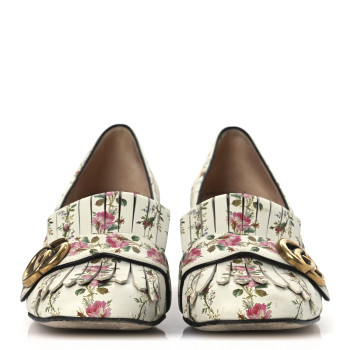 GUCCI Calfskin Rose Print GG Marmont Fringe 50mm Loafer Pumps 39.5 Multicolor