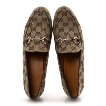 GUCCI Canvas GG Monogram Horsebit Womens Jordaan Loafers 40 Beige Ebony New Acero