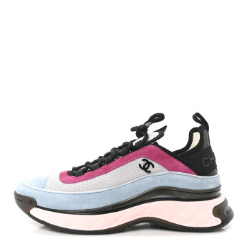 CHANEL Fabric Suede CC Sneakers 40 Light Grey Light Blue Fuchsia