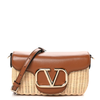 VALENTINO GARAVANI Wicker Calfskin Vlogo Small Loco Shoulder Bag Natural Saddle Brown