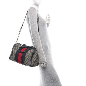 GUCCI Monogram Selleria Calfskin Vintage Web Medium Boston Beige Blue