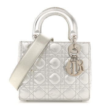 CHRISTIAN DIOR Metallic Grained Calfskin Cannage Small Lucky Badges My Lady Dior Silver