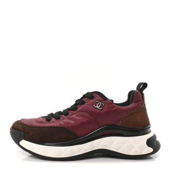 CHANEL Nylon Suede Calfskin CC Sneakers 38 Burgundy Brown