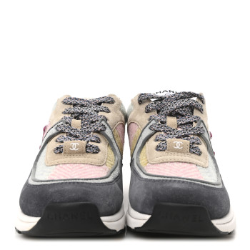 CHANEL Fabric Suede Calfskin CC Sneakers 35 Dark Blue Beige Multicolor
