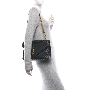 SAINT LAURENT Sheepskin Matelasse Chevron Monogram Large College Bag Black