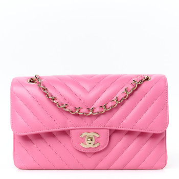 CHANEL Lambskin Chevron Quilted Small Double Flap Pink