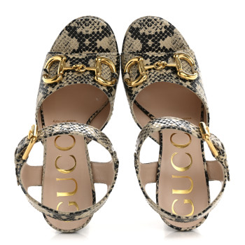 GUCCI Calfskin Snakeskin Print Horsebit 40/135mm Platform Sandals 35.5 Beige Avana