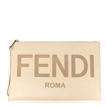 FENDI Vitello King Logo Embossed Large Flat Pouch White Ice