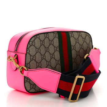 GUCCI GG Supreme Monogram Textured Dollar Calfskin Web Ophidia Small Crossbody Bag Beige Ebony Fuchsia