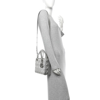 CHRISTIAN DIOR Metallic Grained Calfskin Cannage Small Lucky Badges My Lady Dior Silver